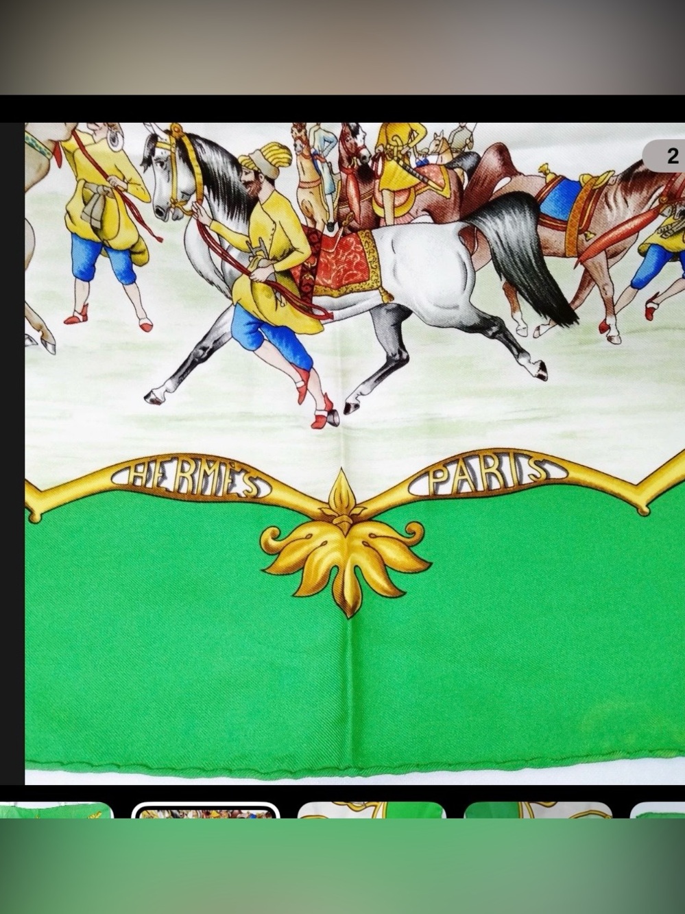 Hermes Scarf Silk Green White Equestrian Design 86 90 cm - Picture 2 of 12